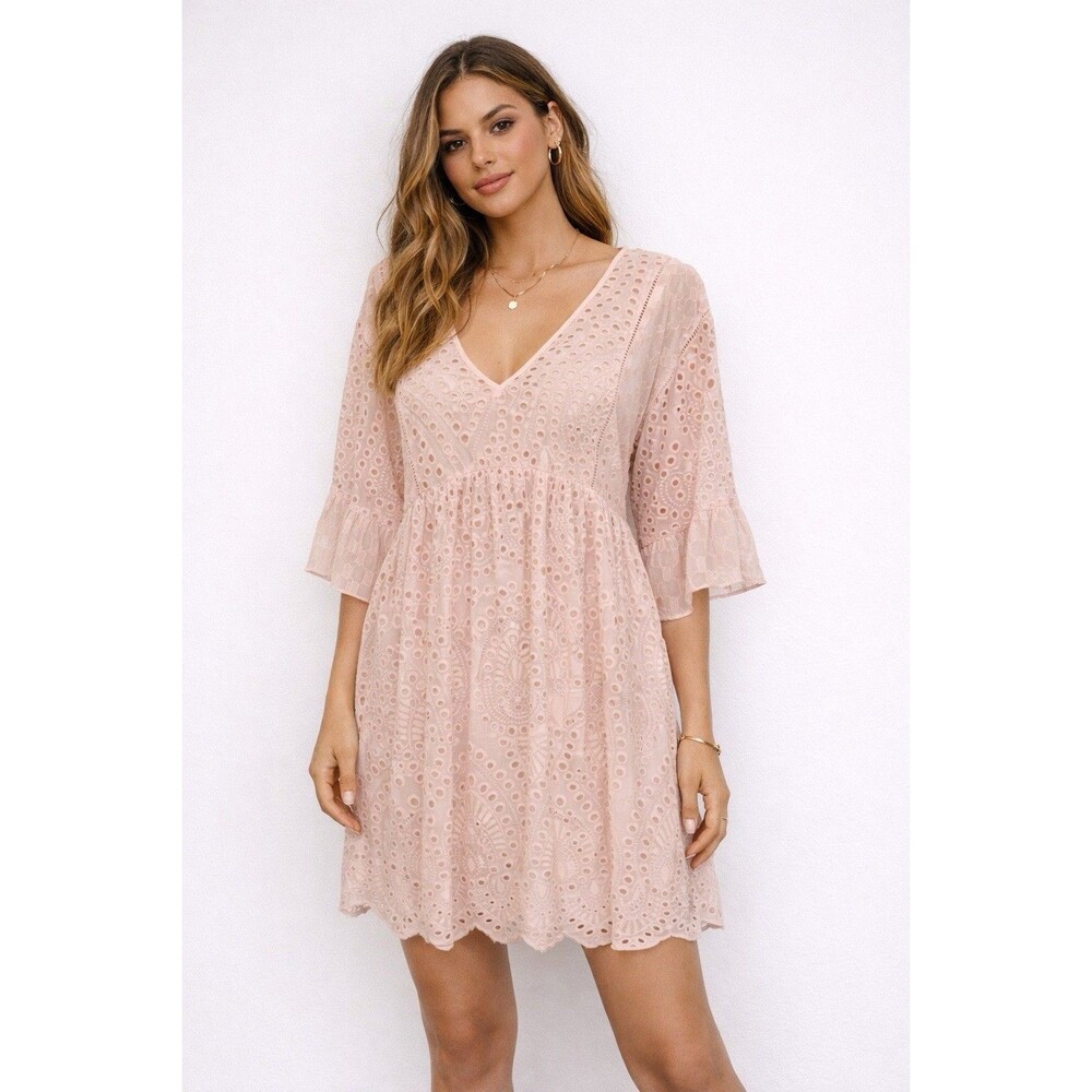 Anthropologie Akemi & Kin Sz 10 Brooke Eyelet Swing Babydoll Dress Pink Boho